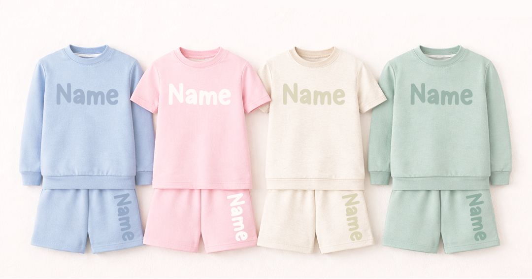 Four children's outfits in pastel colors with 'Name' text on a white background