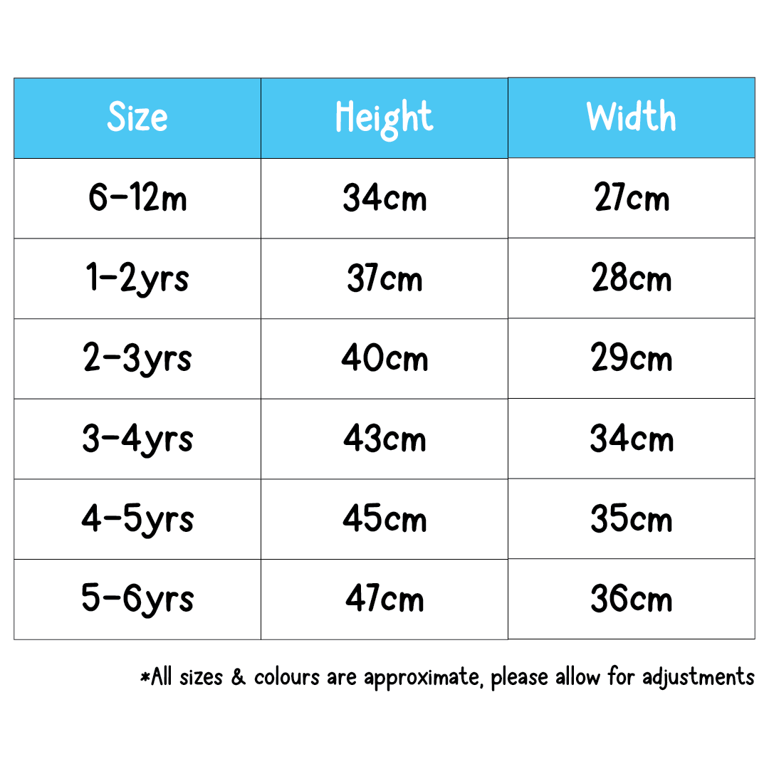 Size chart with height and width measurements for children's clothing.